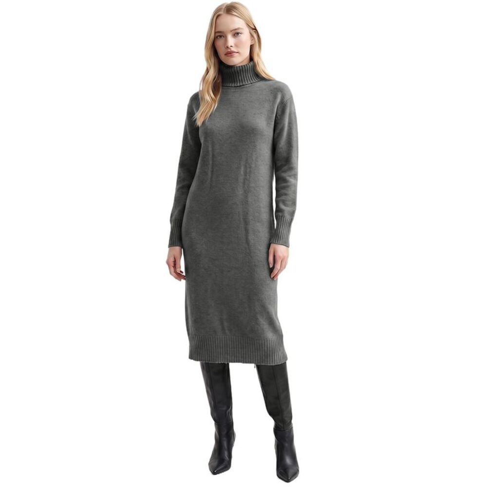 Women's Turtleneck Ribbed Knit Long Sleeve Loose Fit Maxi Dress Dark Gray